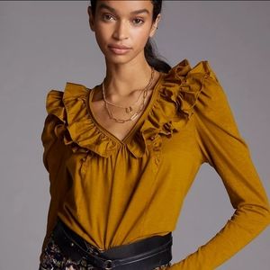 Anthropologie Mustard Ruffle V Neck blouse XS